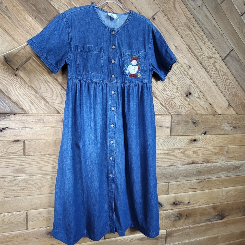 Moda International Denim Vintage Dress Womens Size 10 Blue Snowman Christmas USA - Picture 8 of 8